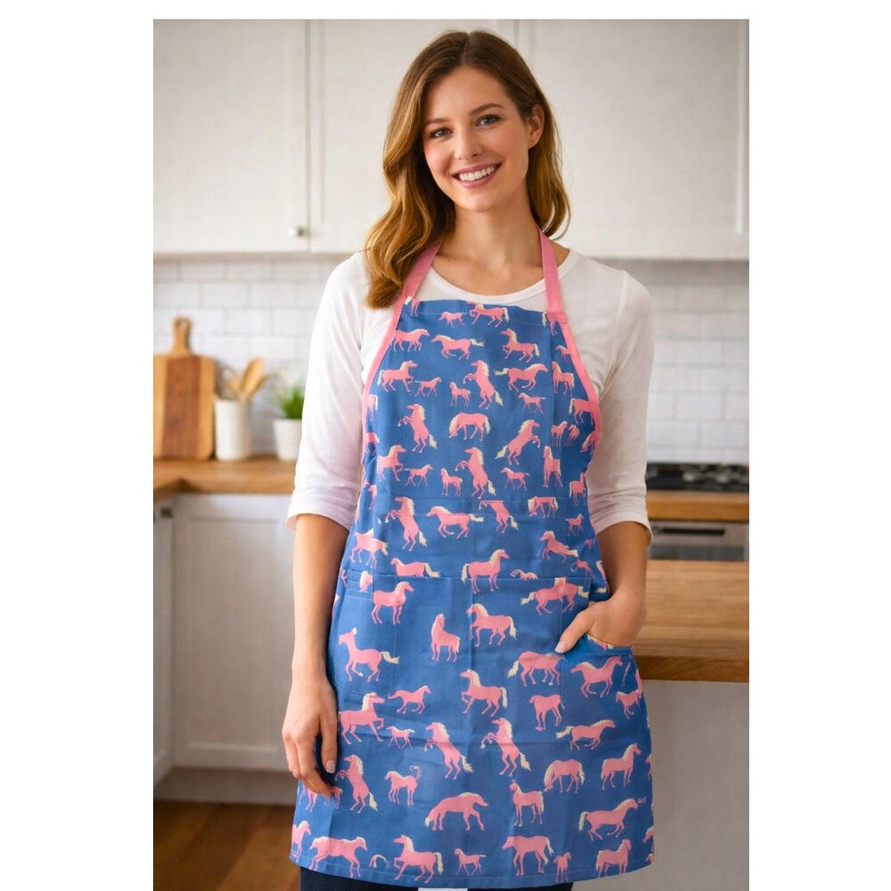 New with tags Hatley adult apron with horse design blue pink